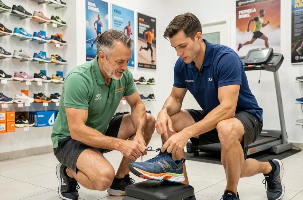 Conseiller spécialisé aidant un client à choisir des chaussures de course sur mesure dans un magasin running