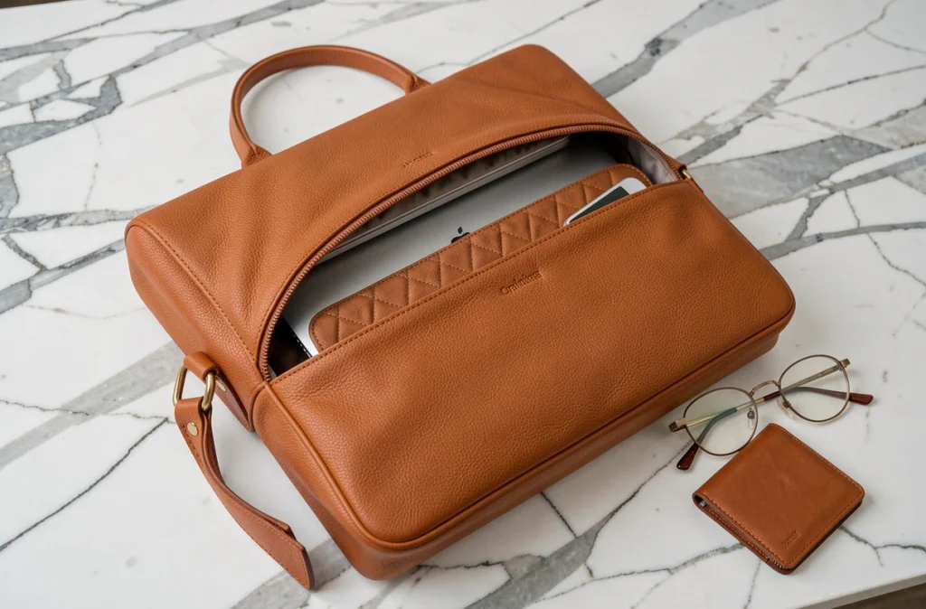Sac de travail en cuir cognac ouvert montrant le compartiment rembourré pour ordinateur portable et les poches intérieures organisées