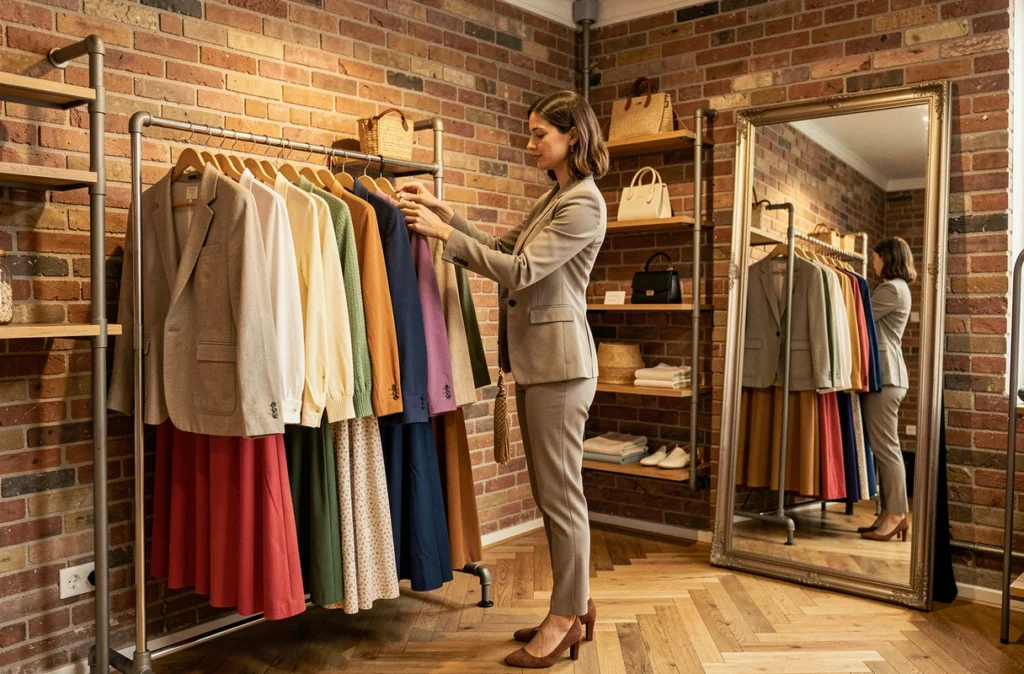 Intérieur de la boutique Scarlett & Joe à Nancy avec une vendeuse arrangeant un portant de prêt-à-porter féminin coloré