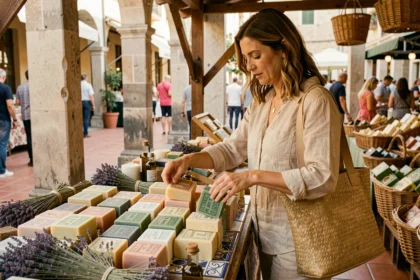 Femme choisissant du savon de Marseille traditionnel sur un marché artisanal en plein air à Marseille