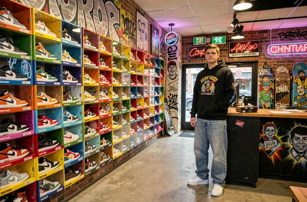Employé streetwear dans un magasin de sneakers en Bretagne avec un mur de baskets en exposition
