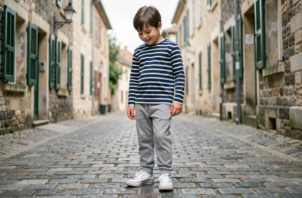 Garçon souriant portant des sneakers blanches de marque française dans une rue pavée d'un village provençal