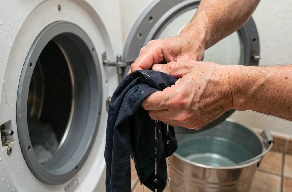 Mains retirant un vêtement humide du tambour d'un lave-linge pour préparer une teinture noire efficace à domicile
