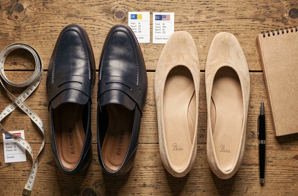 Vue en plongée d'une paire de mocassins homme et ballerines femme avec tableau de correspondance de pointures UK France EU