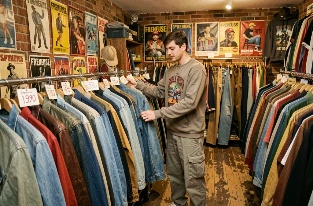 Friperie vintage et streetwear Taurus Clothing à Freneuse avec un jeune homme fouillant des vestes en jean vintage