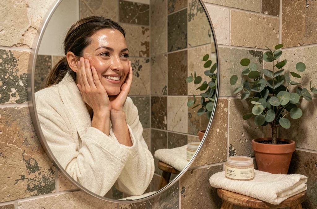 Femme admirant son teint éclatant après une séance d'exfoliation douce dans la salle de bain