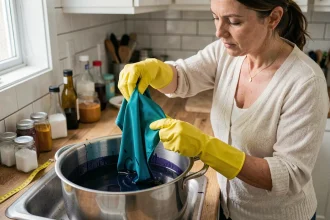 Femme teignant du tissu polyester dans une grande casserole avec de la teinture indigo dans une cuisine, portant des gants de protection jaunes