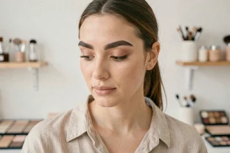 Jeune femme aux sourcils laminés épais et bien définis, tendance maquillage sourcils de l'année