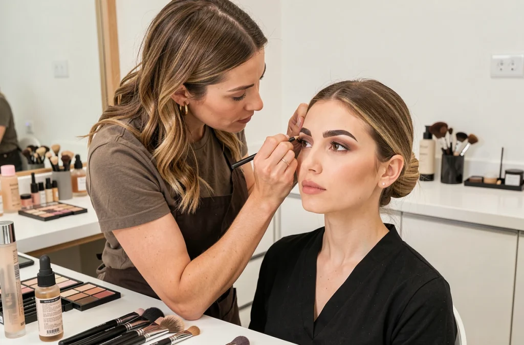 Maquilleuse professionnelle dessinant des sourcils architecturés sur un modèle, tendance sourcils ombré en studio beauté