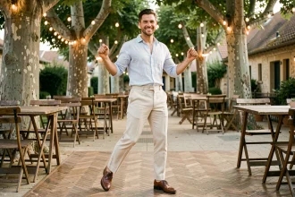 Homme en tenue guinguette estivale – chemise en lin bleu et pantalon crème – dans une pose de danse décontractée sur une terrasse en bois