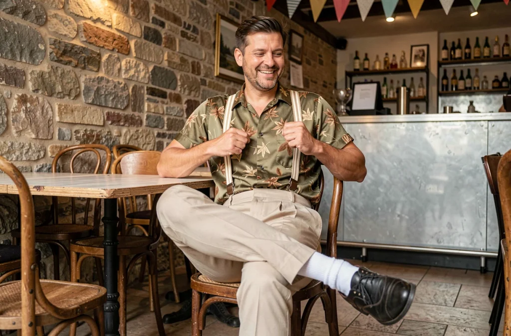 Homme assis en tenue guinguette intérieure – chemise camp-collar fleurie, pantalon à pince et chaussures de danse en cuir – dans un décor de guinguette vintage