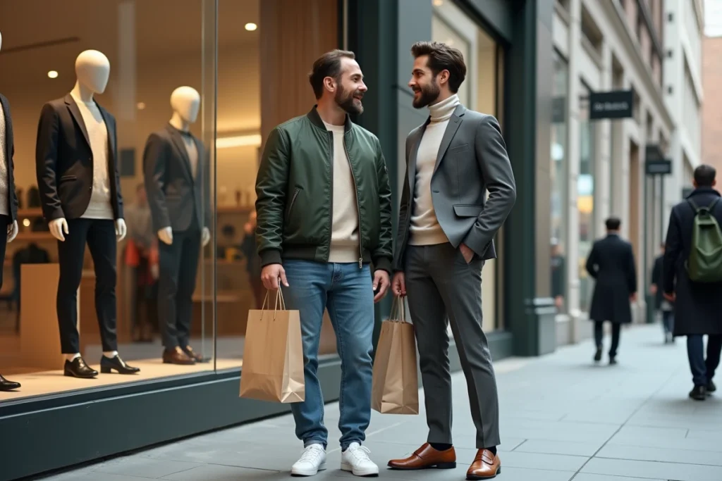 Deux hommes élégamment habillés en tenues tendance 2026 devant une boutique de mode urbaine contemporaine