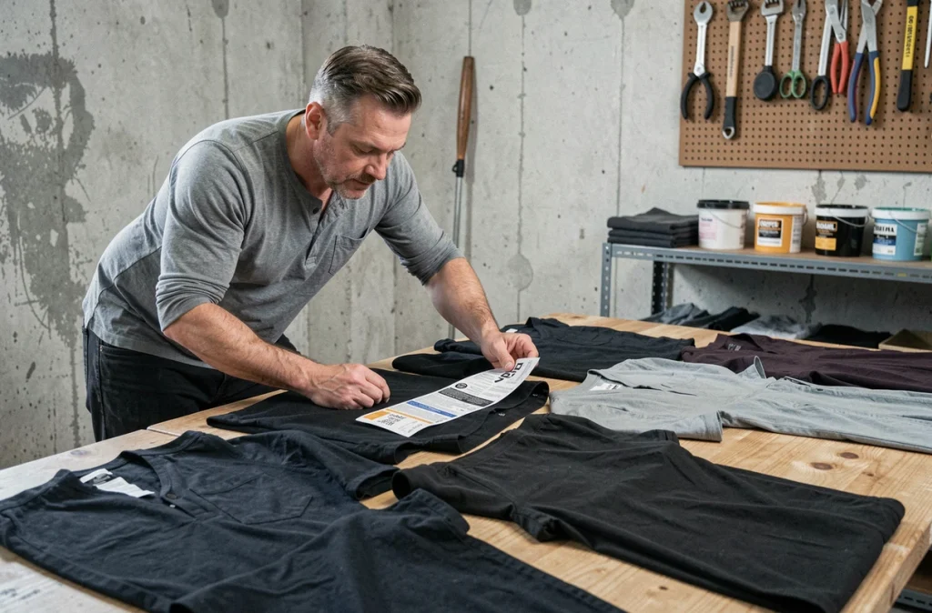 Homme triant des vêtements par type de tissu sur une table avant de les teindre en noir, lisant les étiquettes d'entretien