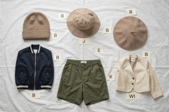 Flatlay de sept vêtements commençant par la lettre B disposés sur du lin blanc, représentant les réponses d'un top 7 quiz vestimentaire