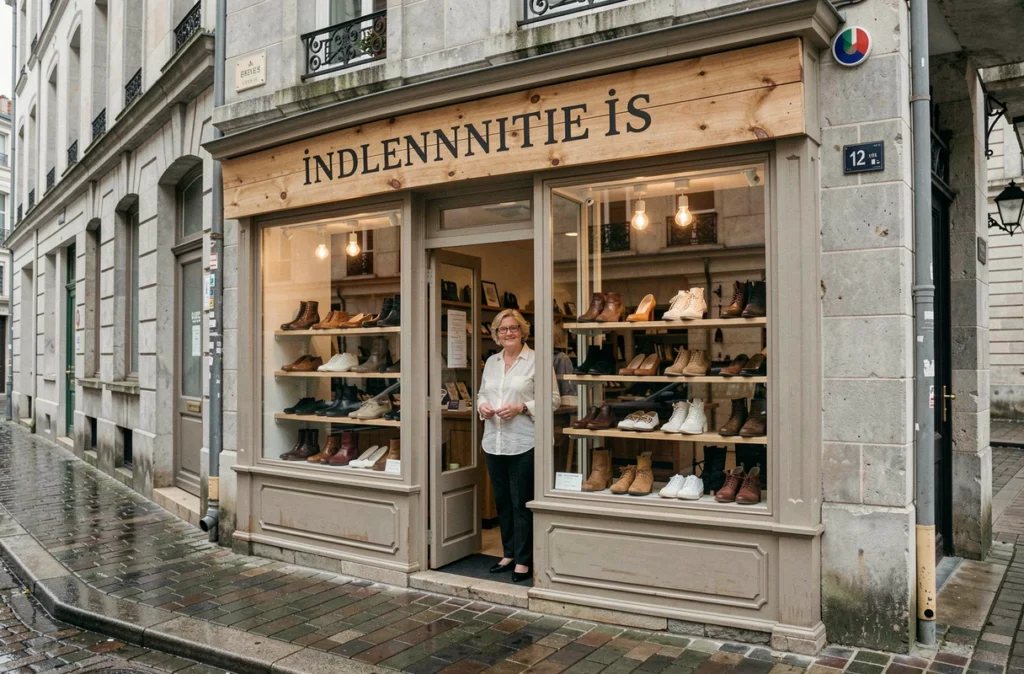 Façade d'une boutique de chaussures indépendante à Brest avec une vitrine soignée et la gérante en devanture